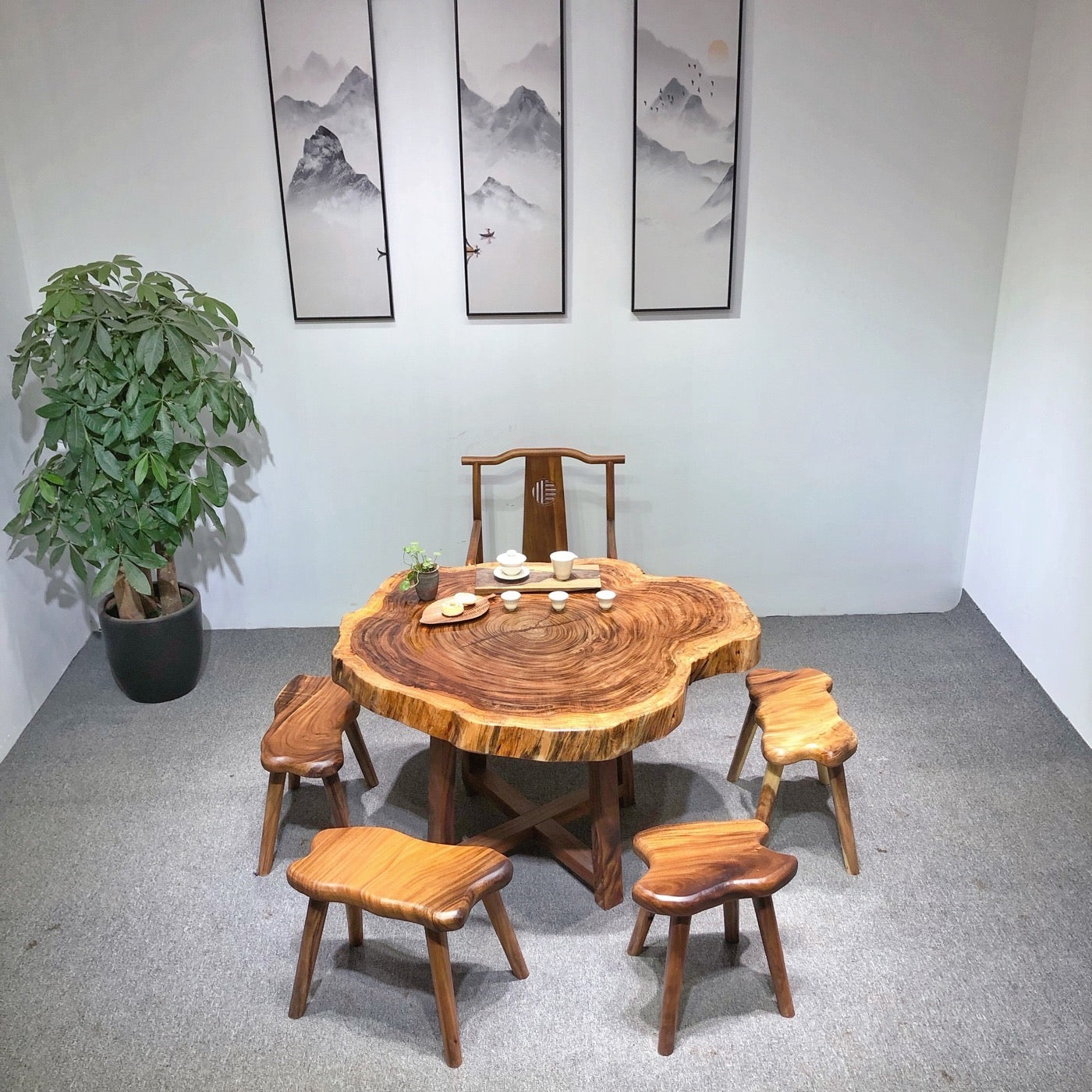 Mesa de centro redonda de madeira, tampo de mesa redonda com borda viva, mesa de jantar redonda grande com borda viva