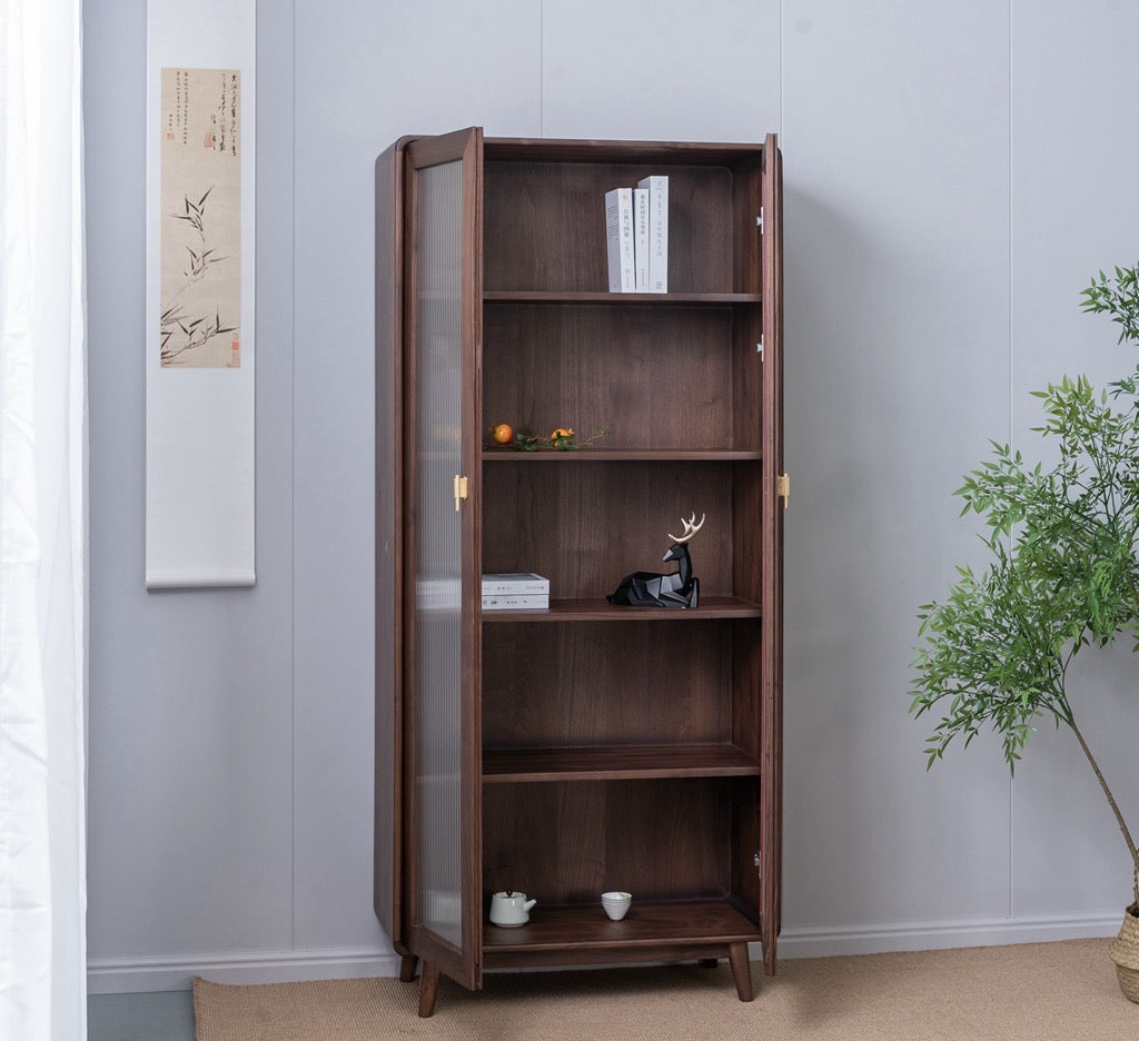 Glass tall walnut bookcase, solid walnut bookcase, walnut bookshelf