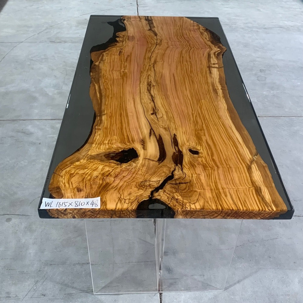 Mesa epóxi de madeira de oliveira, mesa de resina de madeira de oliveira, mesa epóxi de oliveira