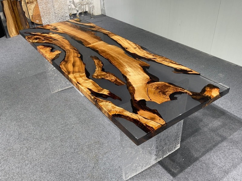 無垢材不規則エポキシ樹脂テーブル、日本製エポキシ樹脂製