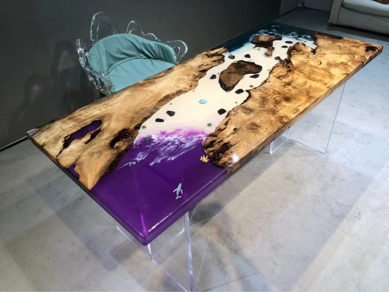 紫色のエポキシ樹脂テーブル、樟脳無垢材製、オーダーメイドテーブル