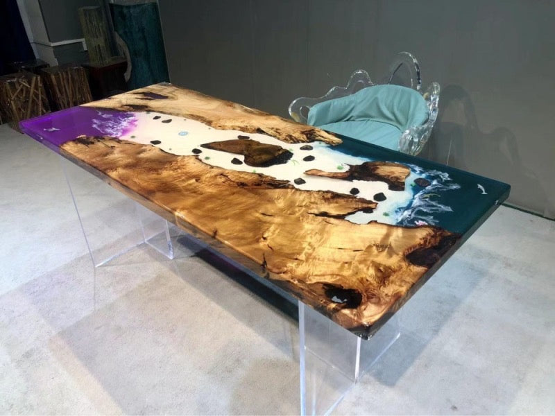 紫色のエポキシ樹脂テーブル、樟脳無垢材製、オーダーメイドテーブル
