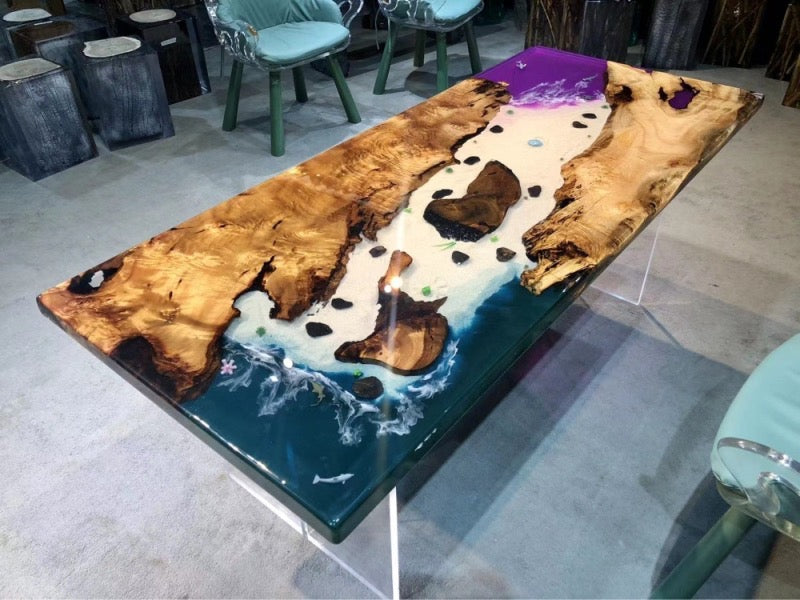 Table en résine époxy violette, bois de camphre massif fabriqué, table sur mesure