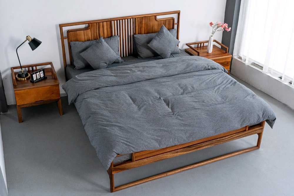 Estructura de cama de madera de nogal de América del Sur, cama hecha de madera maciza