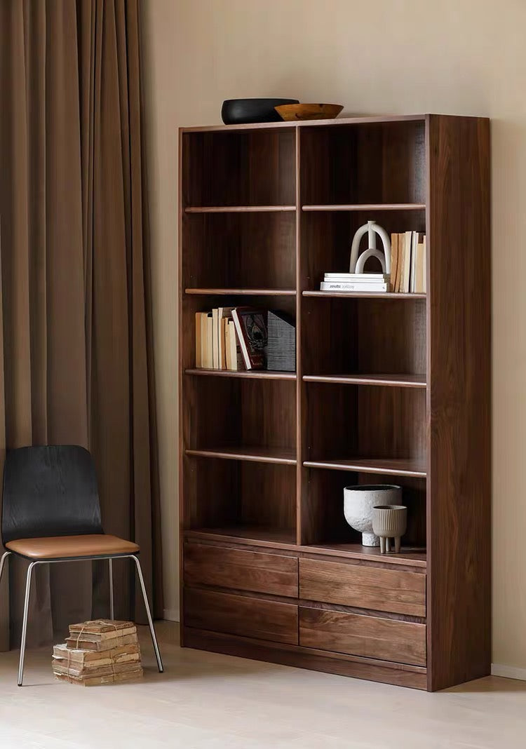 walnut bookcase, dark walnut bookcase, walnut bookcase with doors, low walnut bookcase