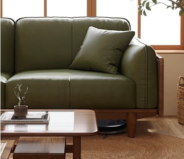 Sofá de ratán de madera maciza de cuero genuino, sofá moderno de cuero de vaca