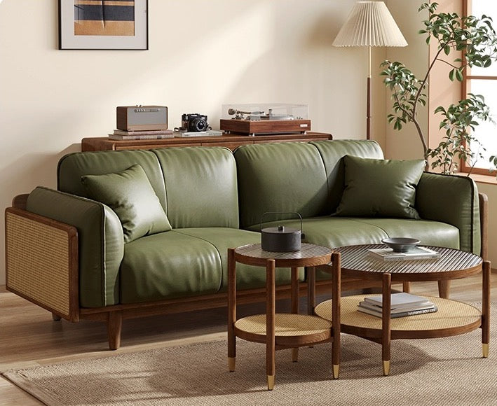 Massivholz-Rattan-Sofa aus echtem Leder, modernes Rindsleder-Sofa