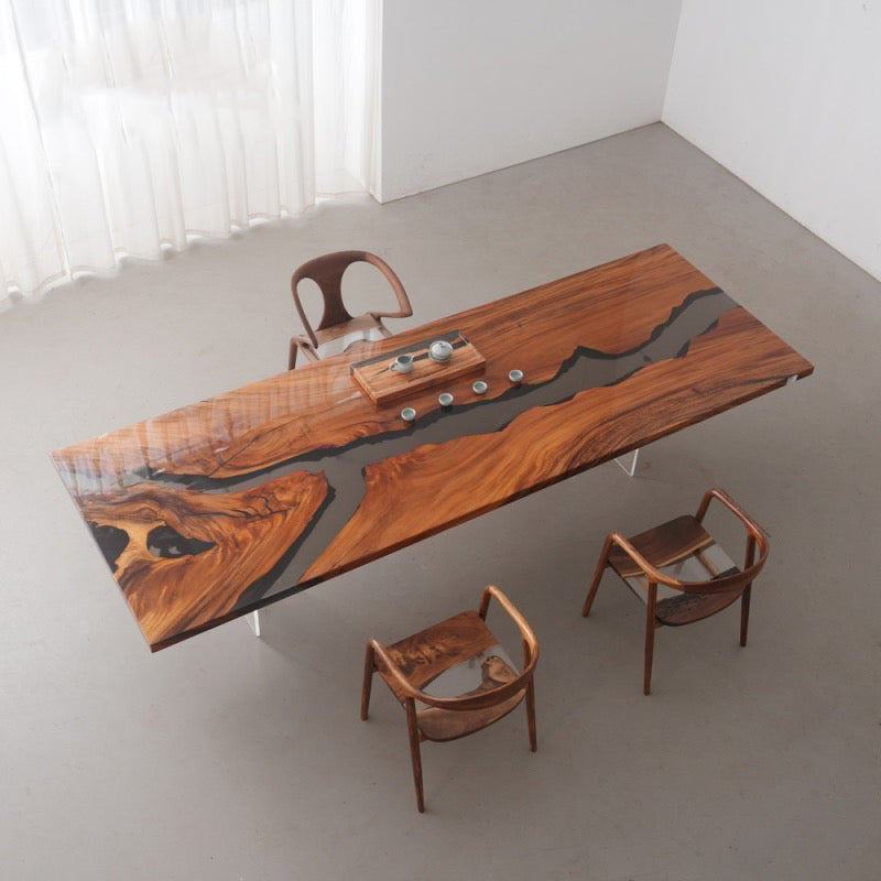 Aangepaste epoxyhars Clear Ocean Wave Resin salontafel Bubinga Plank Bar eettafel
