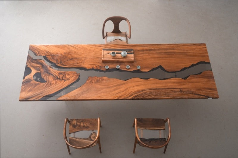 Aangepaste epoxyhars Clear Ocean Wave Resin salontafel Bubinga Plank Bar eettafel