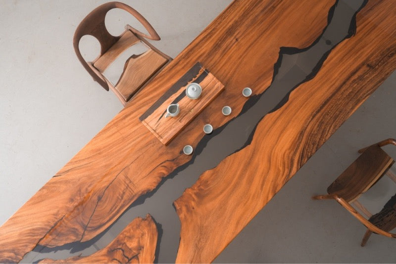 Aangepaste epoxyhars Clear Ocean Wave Resin salontafel Bubinga Plank Bar eettafel