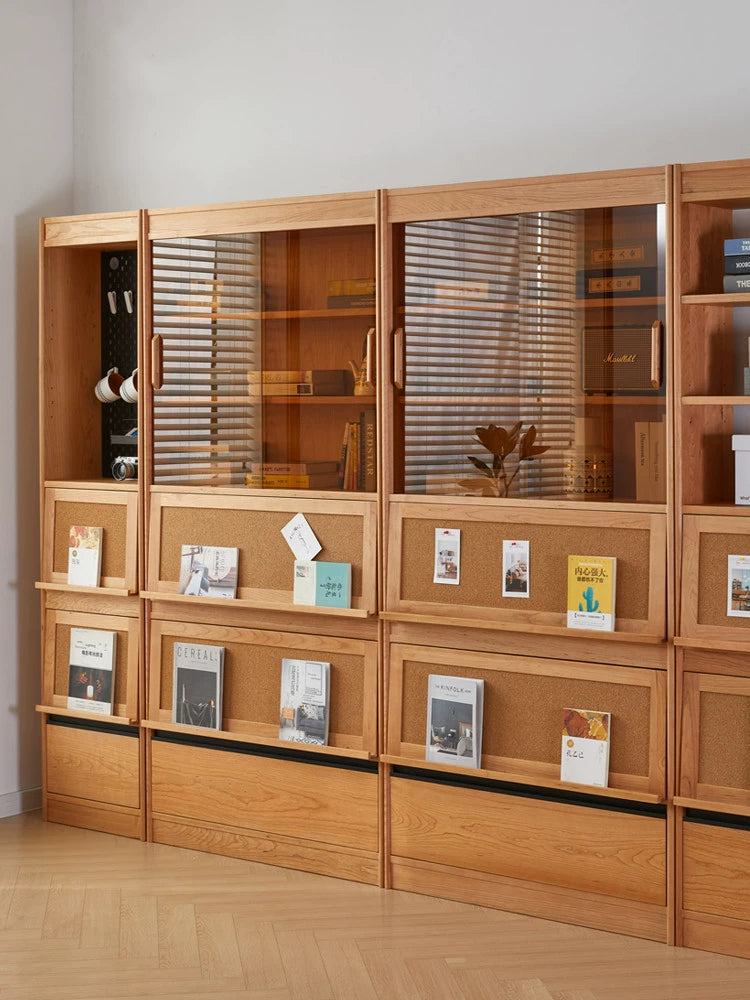 librería de cerezo con puertas de cristal, librería de madera maciza de cerezo, librería de cerezo oscuro