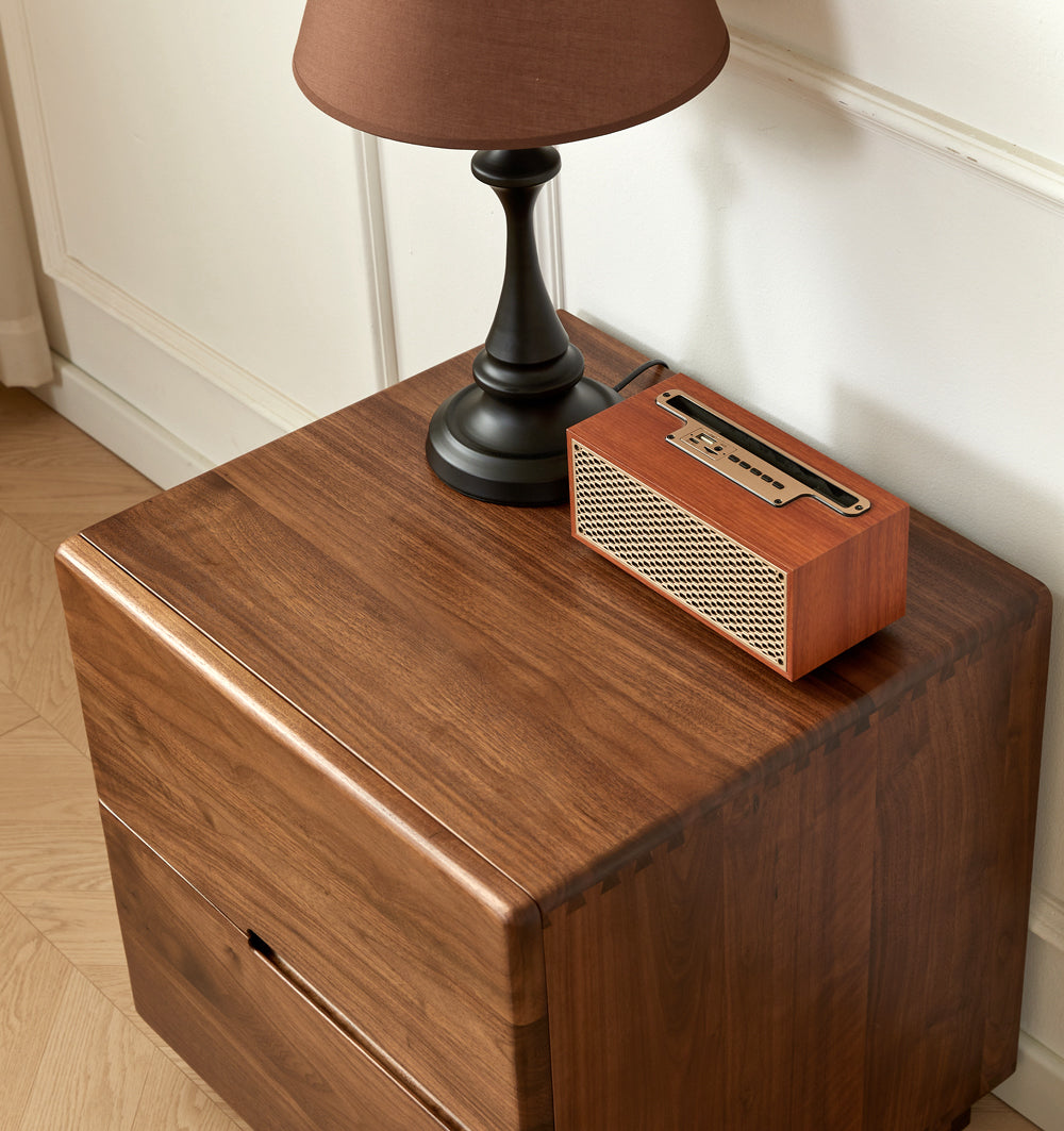 Japandi Solid Black Walnut Wood Bedside Table with 2 Drawers 