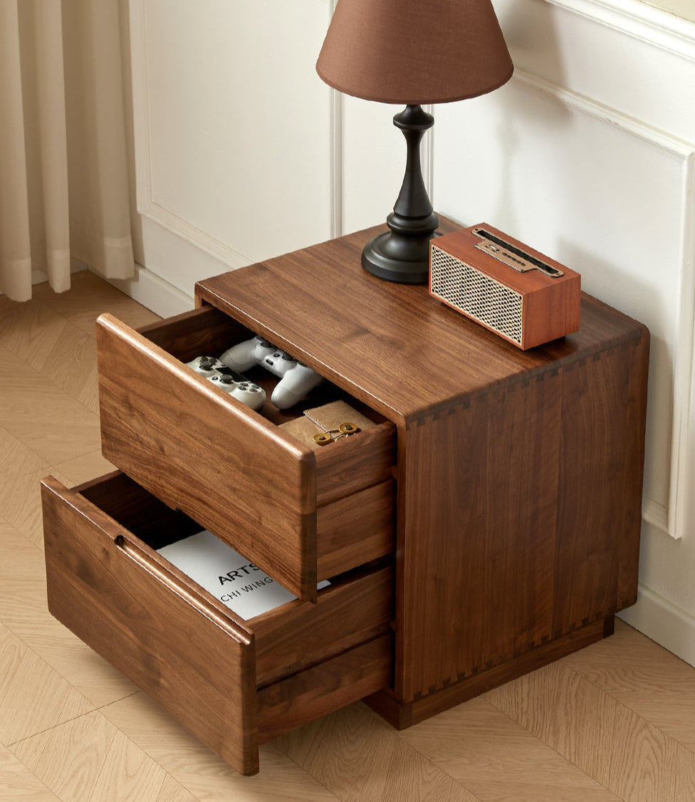 Japandi Solid Black Walnut Wood Bedside Table with 2 Drawers 