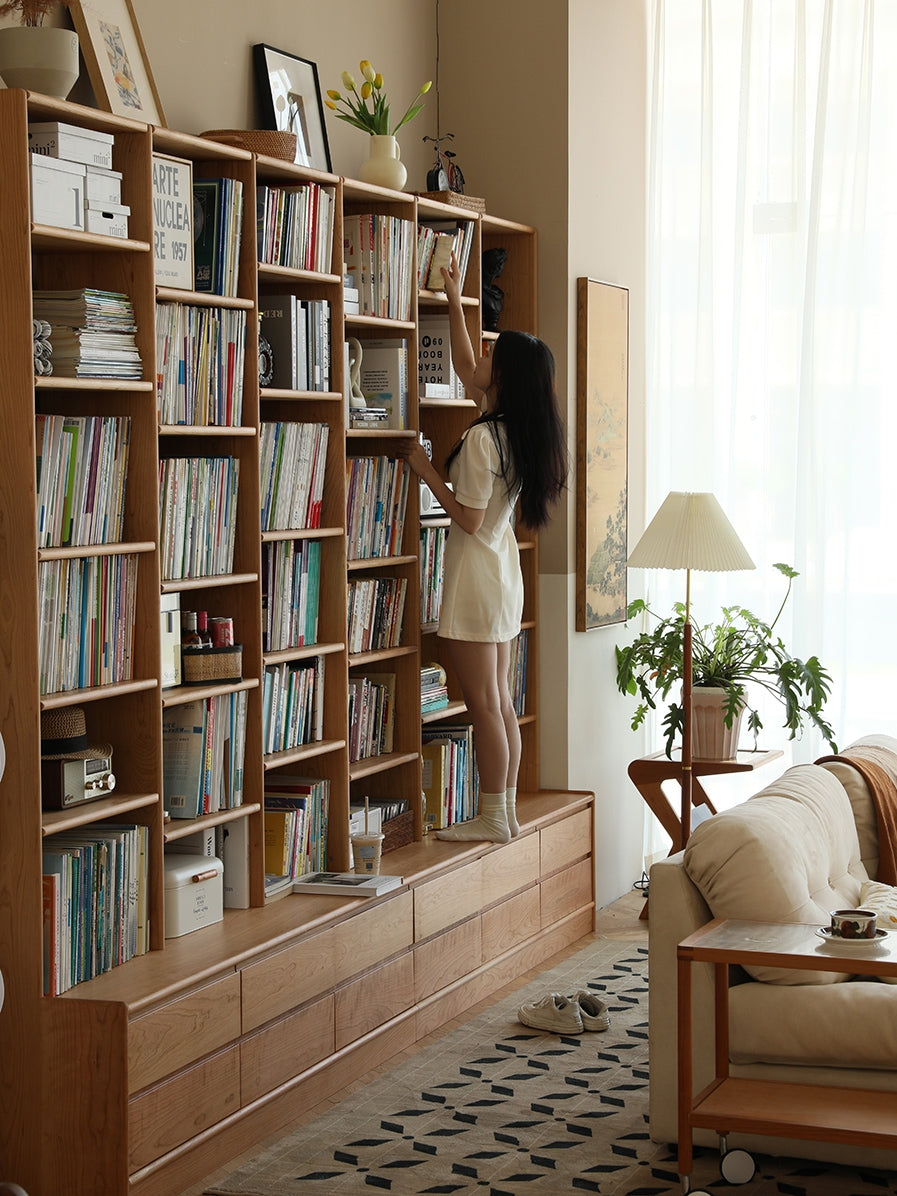 stor bokhylla i valnöt, stor bokhylla i ek