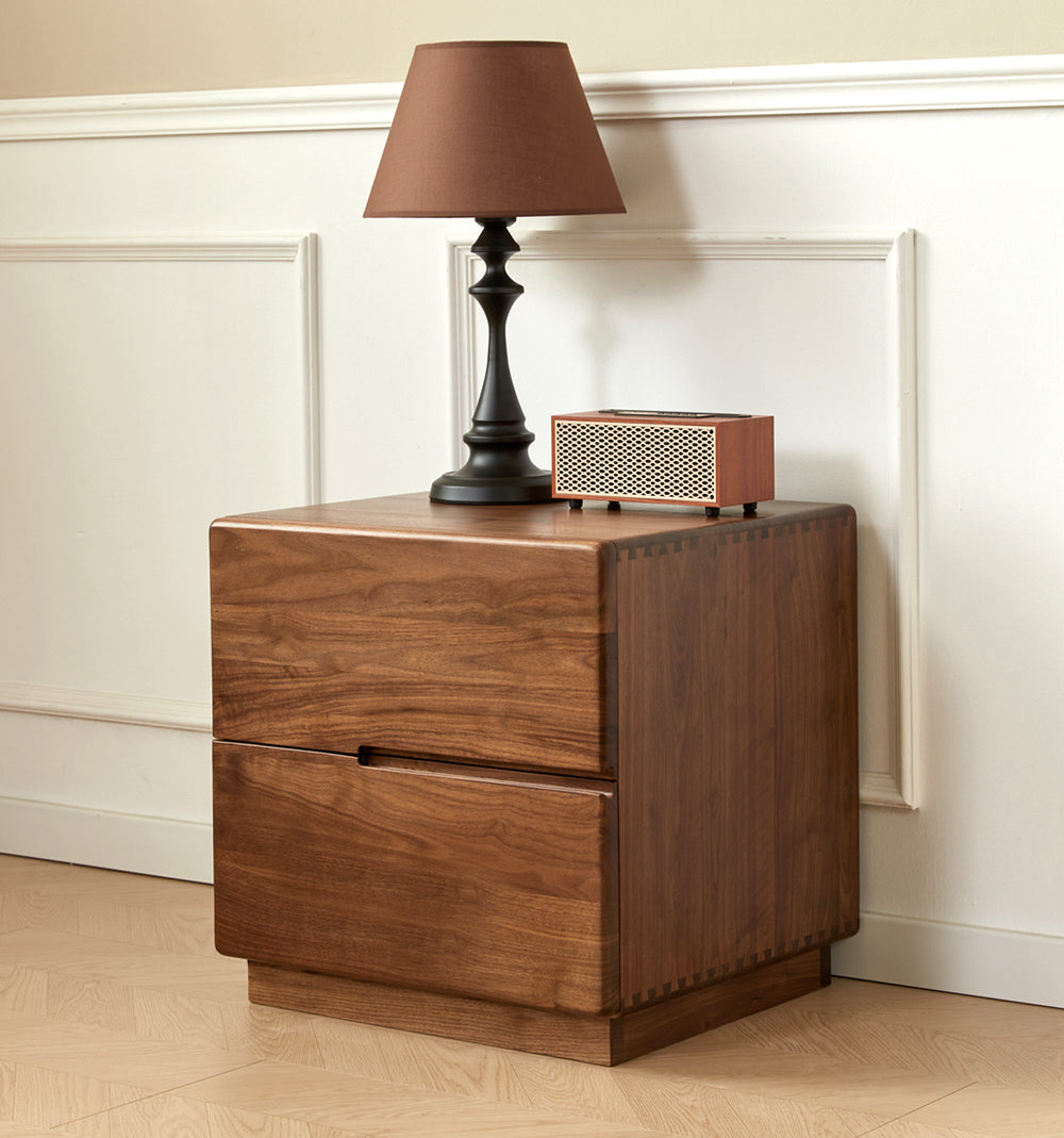Japandi Solid Black Walnut Wood Bedside Table with 2 Drawers 