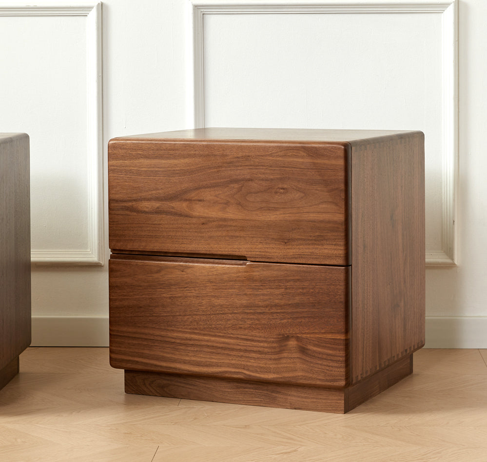 Japandi Solid Black Walnut Wood Bedside Table with 2 Drawers 