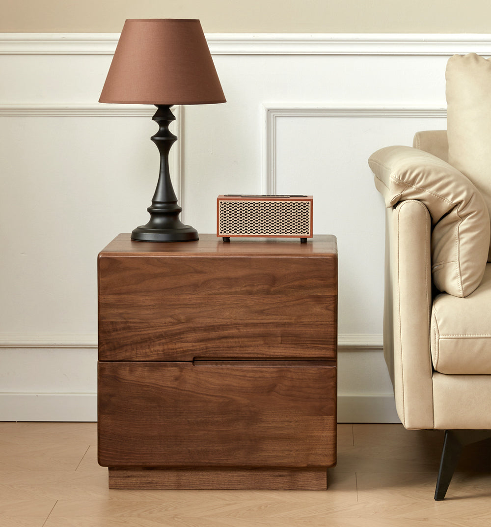 Japandi Solid Black Walnut Wood Bedside Table with 2 Drawers 