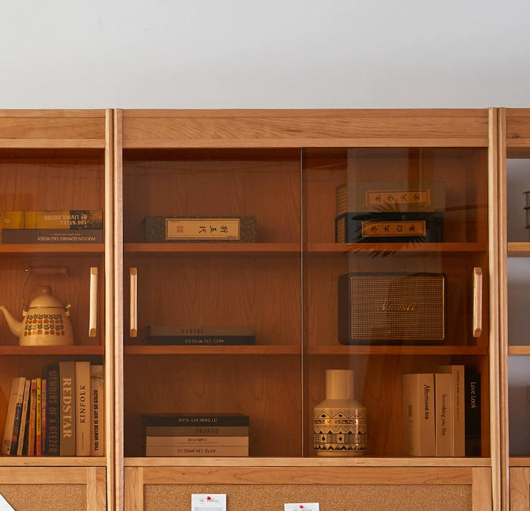 خزانة كتب من خشب الكرز بأبواب زجاجية، وخزانة كتب من خشب الكرز الصلب، وخزانة كتب من خشب الكرز الداكن