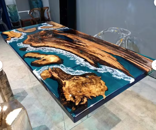 Blue Epoxy Resin Table, Custom Dining Table, Wood Dining Table