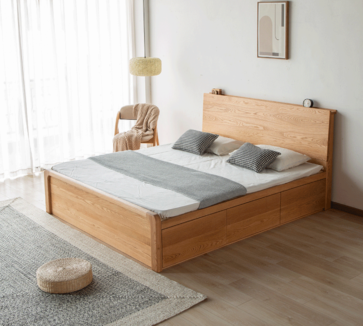 oak wood bed with drawer, hydraulic bed with storage compartments