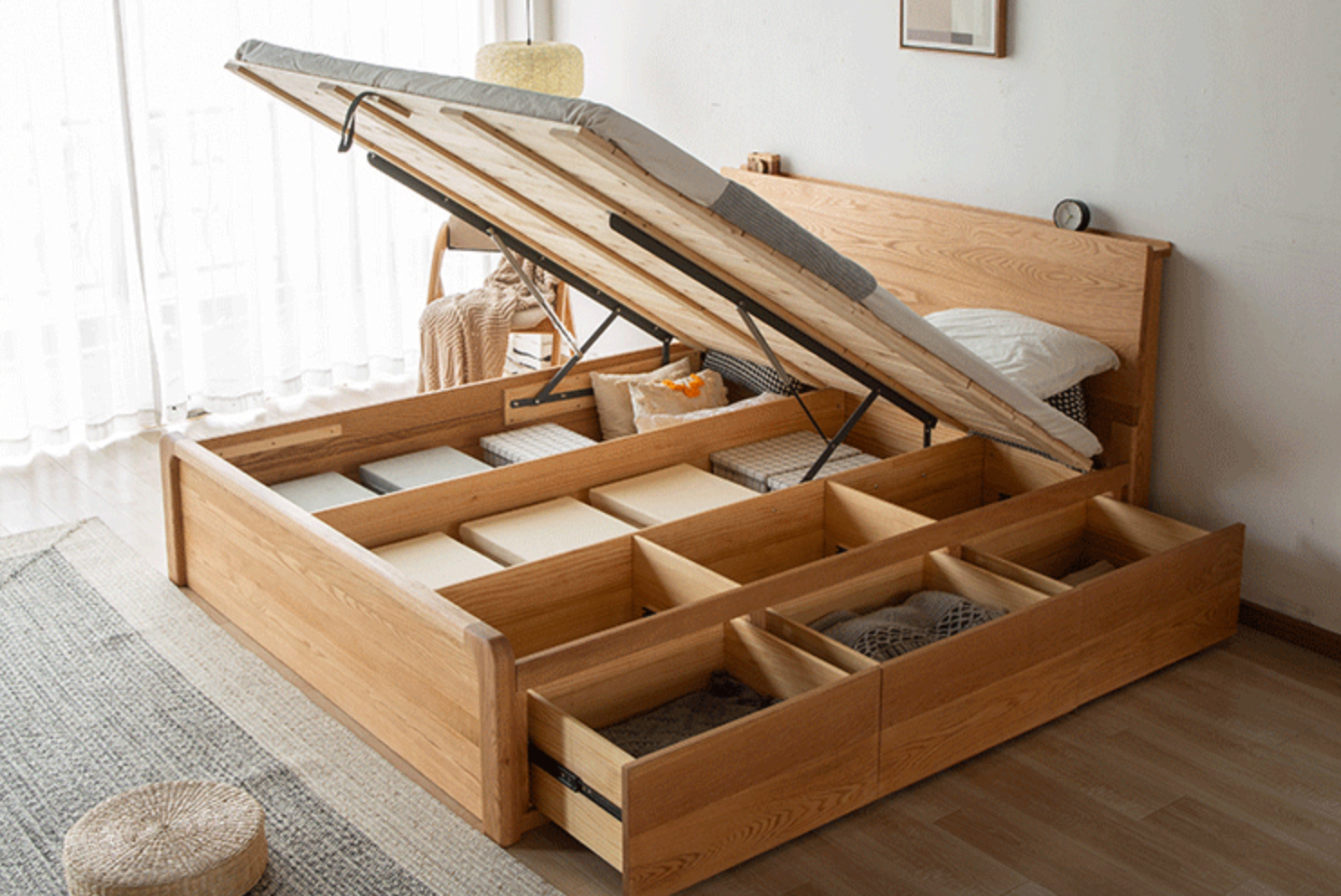 oak wood bed with drawer, hydraulic bed with storage compartments