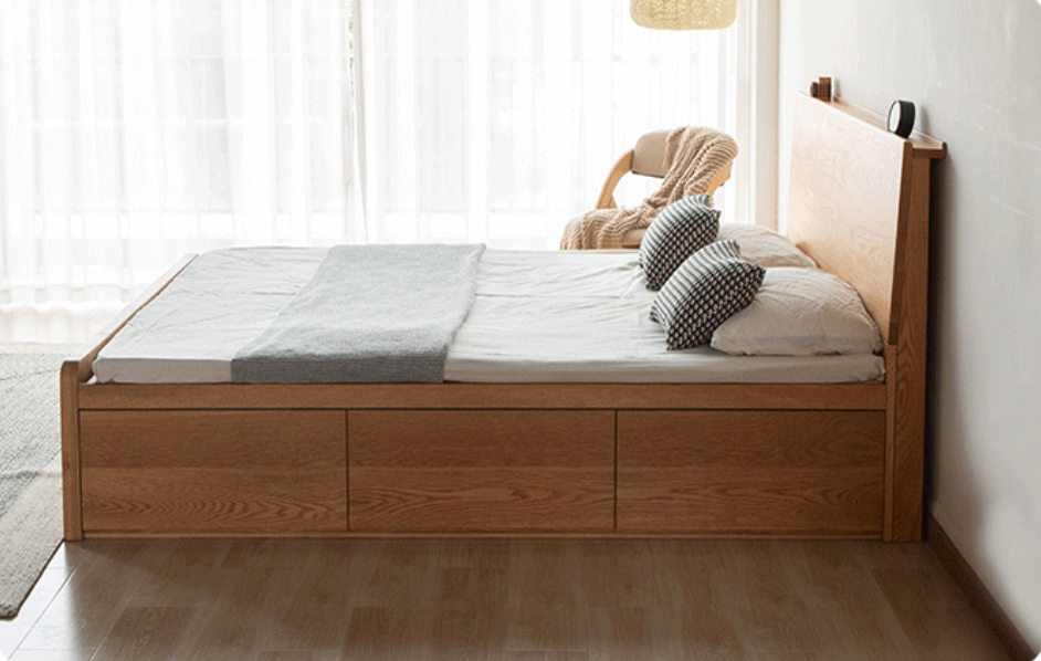 سرير من خشب البلوط مع درج وسرير هيدروليكي مع حجرات تخزين