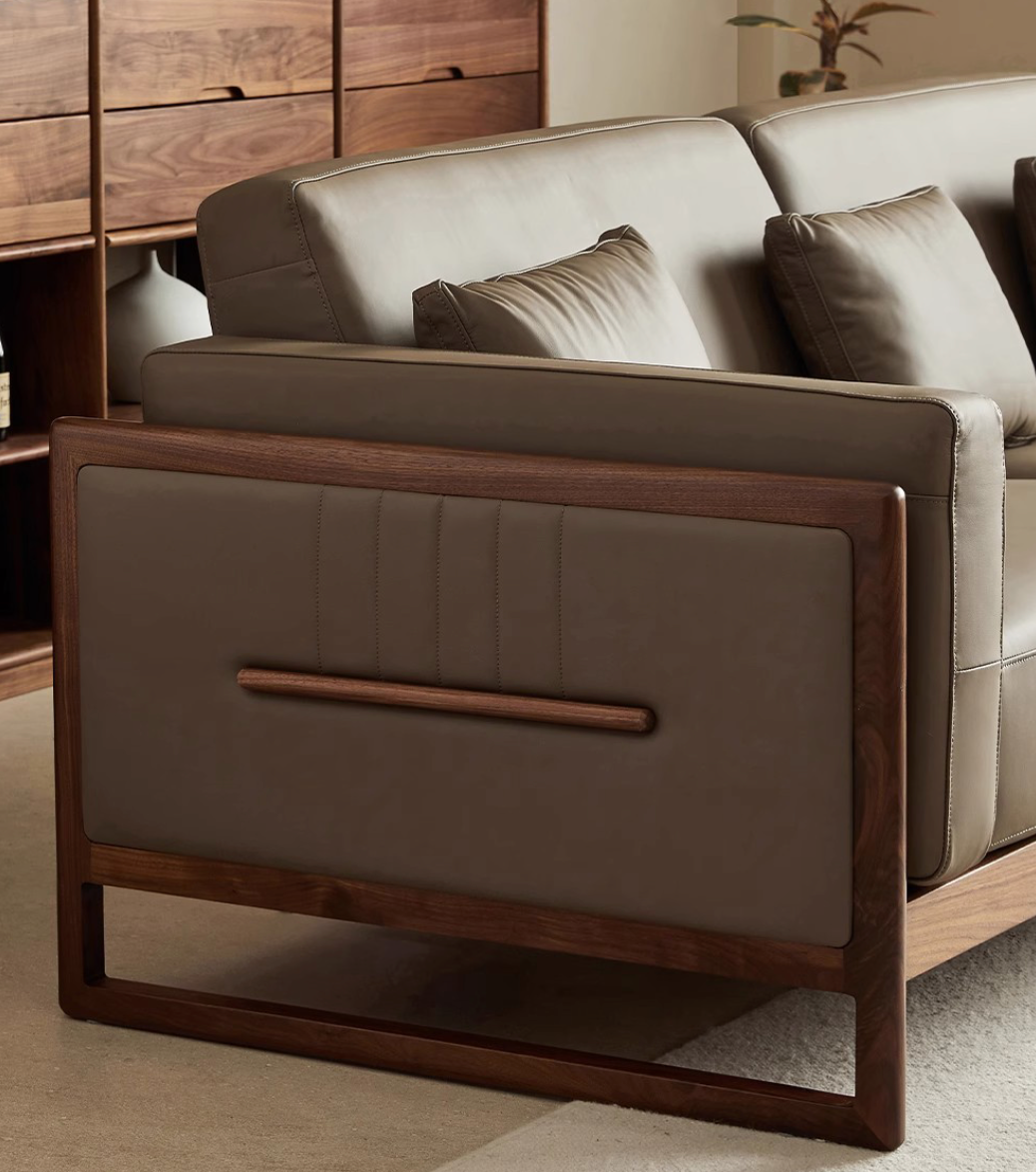 walnut wood leather sofa, genuine leather sofa, genuine brown leather sofa