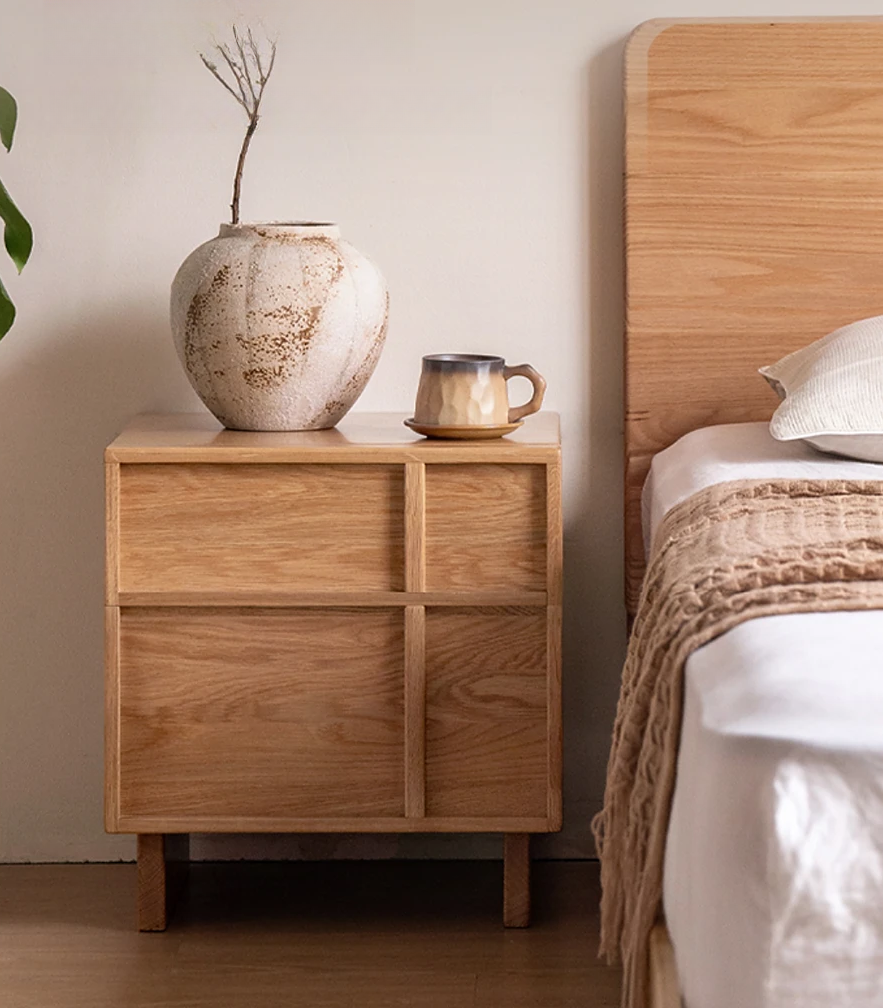 Modern Cross Design White Oak Wood Nightstand 
