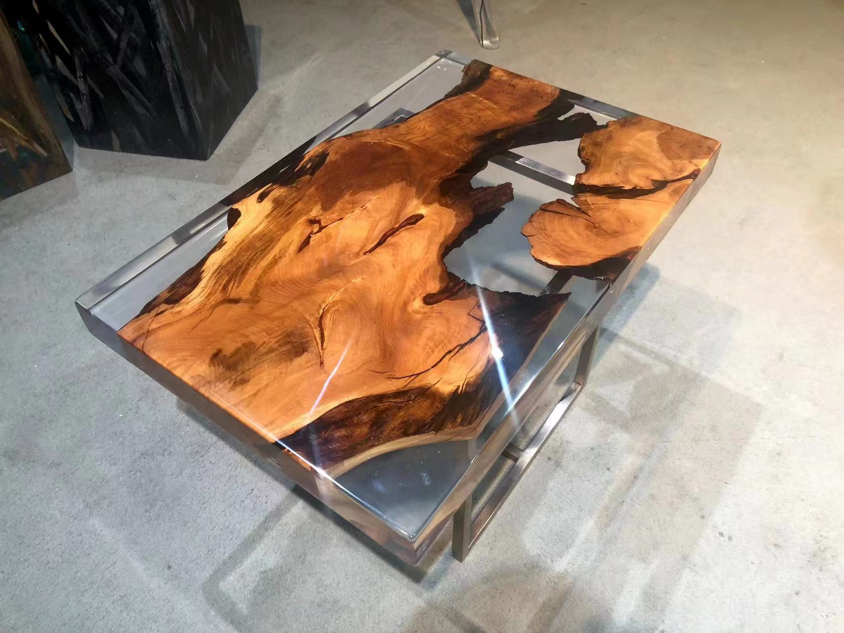 Camphor with black epoxy resin, Console table, Irregular shape epoxy resin table