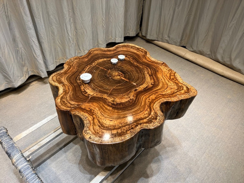live edge coffee table drum, round wood coffee table, wood drum coffee table, black drum coffee table - SlabstudioHongKong