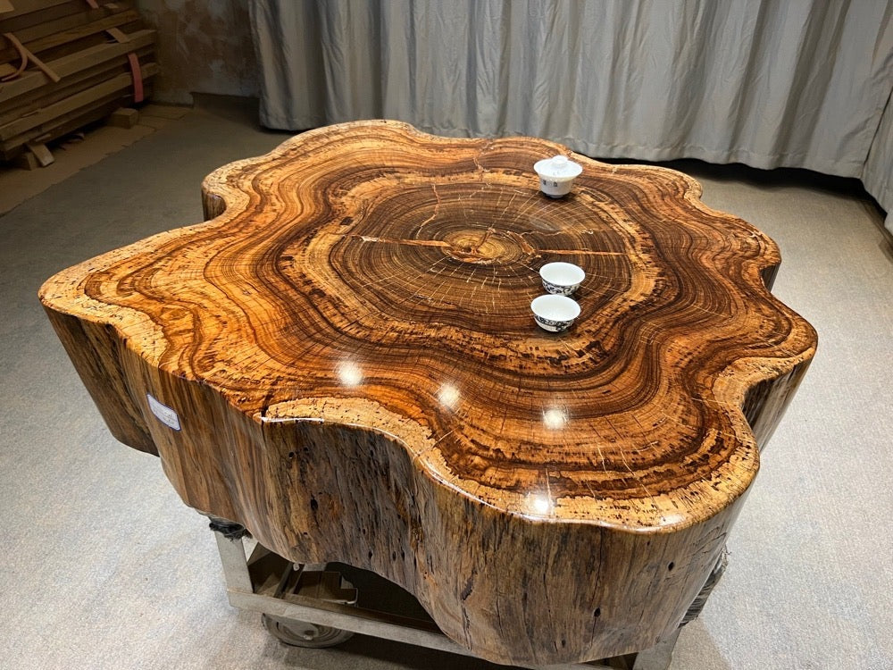 live edge coffee table drum, round wood coffee table, wood drum coffee table, black drum coffee table - SlabstudioHongKong