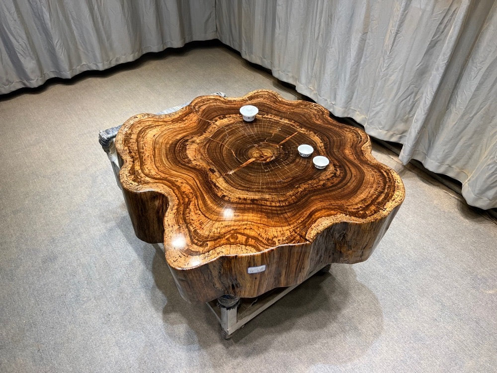 live edge coffee table drum, round wood coffee table, wood drum coffee table, black drum coffee table - SlabstudioHongKong