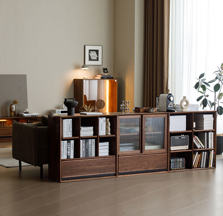 shelving unit walnut, modern walnut bookcase, walnut ladder bookshelf - SlabstudioHongKong