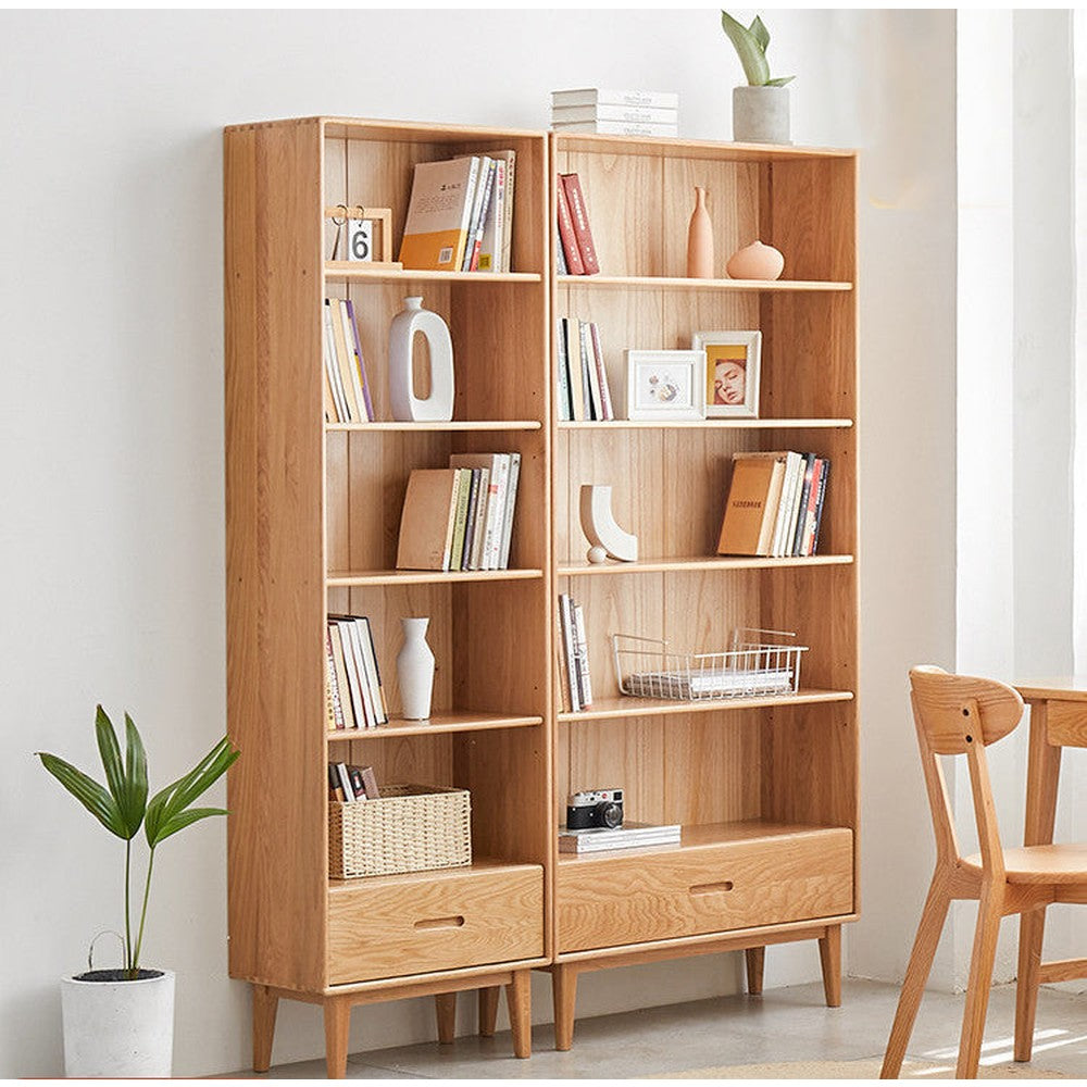 Natural Solid White Oak Wood Open Bookcase with Shelves