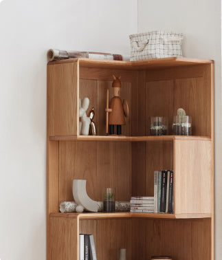 corner oak bookcase, solid oak bookcase, open oak bookcase - SlabstudioHongKong
