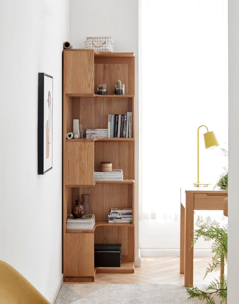 corner oak bookcase, solid oak bookcase, open oak bookcase - SlabstudioHongKong