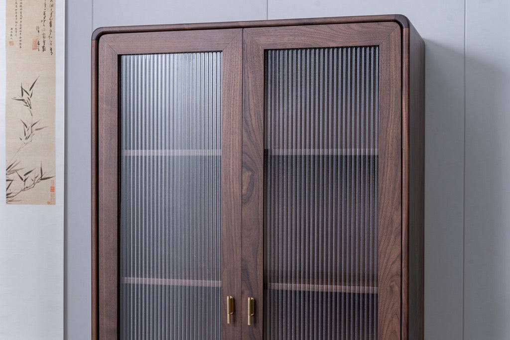 Glass tall walnut bookcase, solid walnut bookcase, walnut bookshelf - SlabstudioHongKong