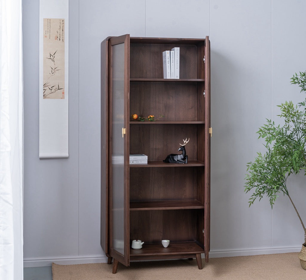 Glass tall walnut bookcase, solid walnut bookcase, walnut bookshelf - SlabstudioHongKong