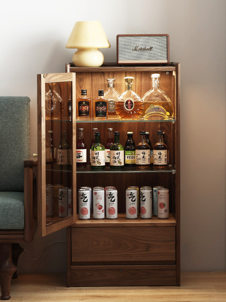 Solid walnut bar wine cabinets, dark walnut bar cabinet with wine storage - SlabstudioHongKong