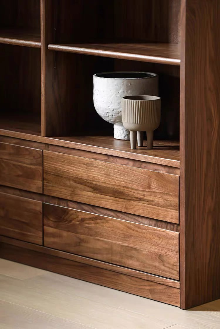 walnut bookcase, dark walnut bookcase, walnut bookcase with doors, low walnut bookcase - SlabstudioHongKong