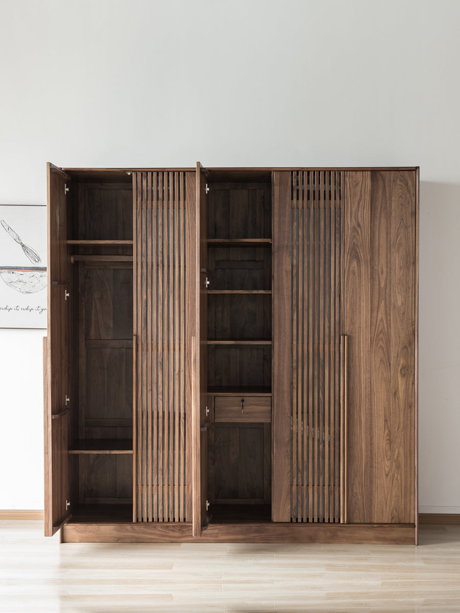 Solid black walnut wood wardrobe, modern walnut wardrobe, walnut 5 door wardrobe - SlabstudioHongKong