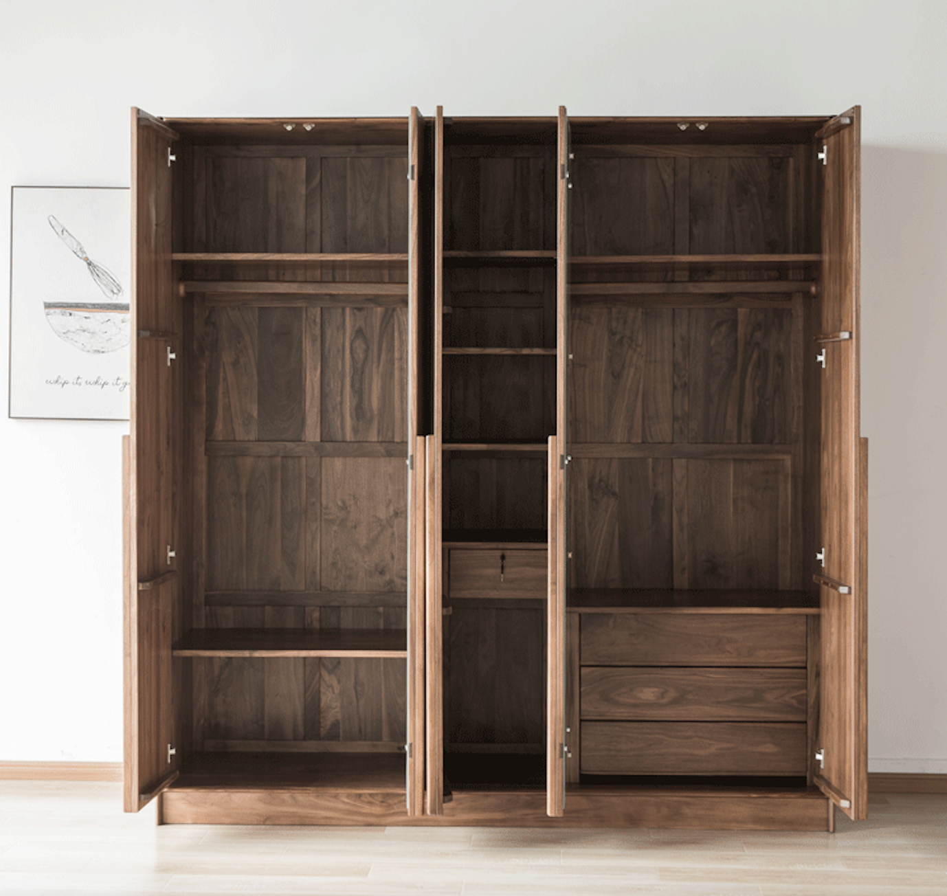 Solid black walnut wood wardrobe, modern walnut wardrobe, walnut 5 door wardrobe - SlabstudioHongKong