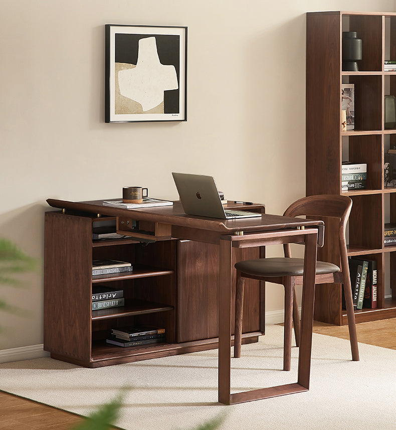 Walnut Computer Desk Solid Wood Desk With Bookcase - SlabstudioHongKong