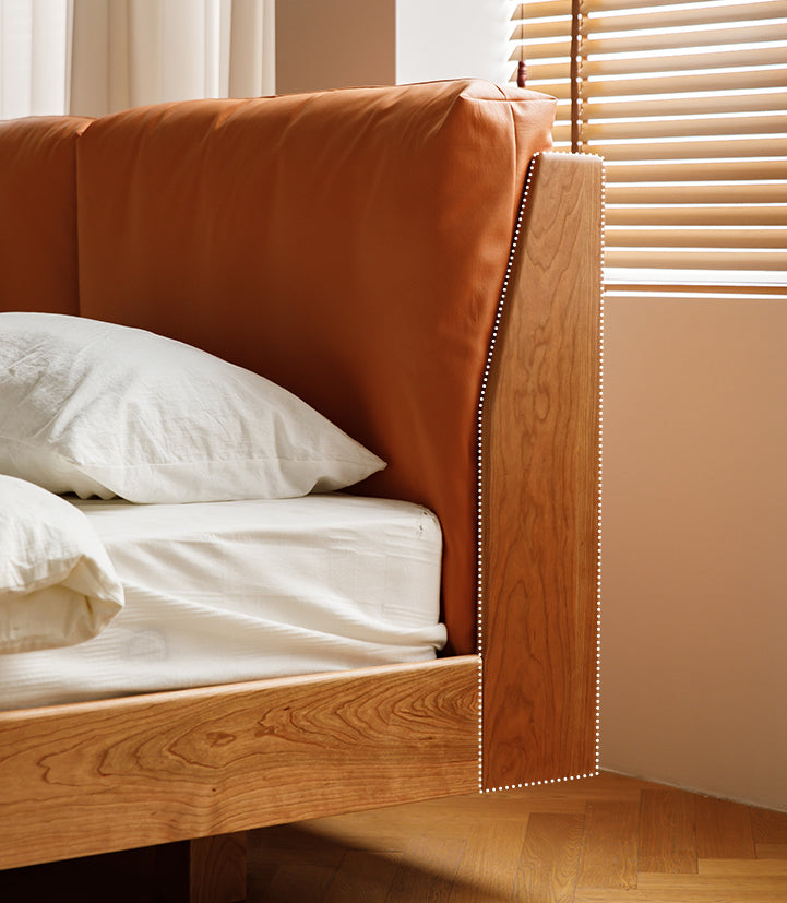 cherry wood real leather bed, cherry wood and cow leather bed - SlabstudioHongKong