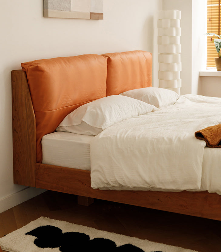 cherry wood real leather bed, cherry wood and cow leather bed - SlabstudioHongKong