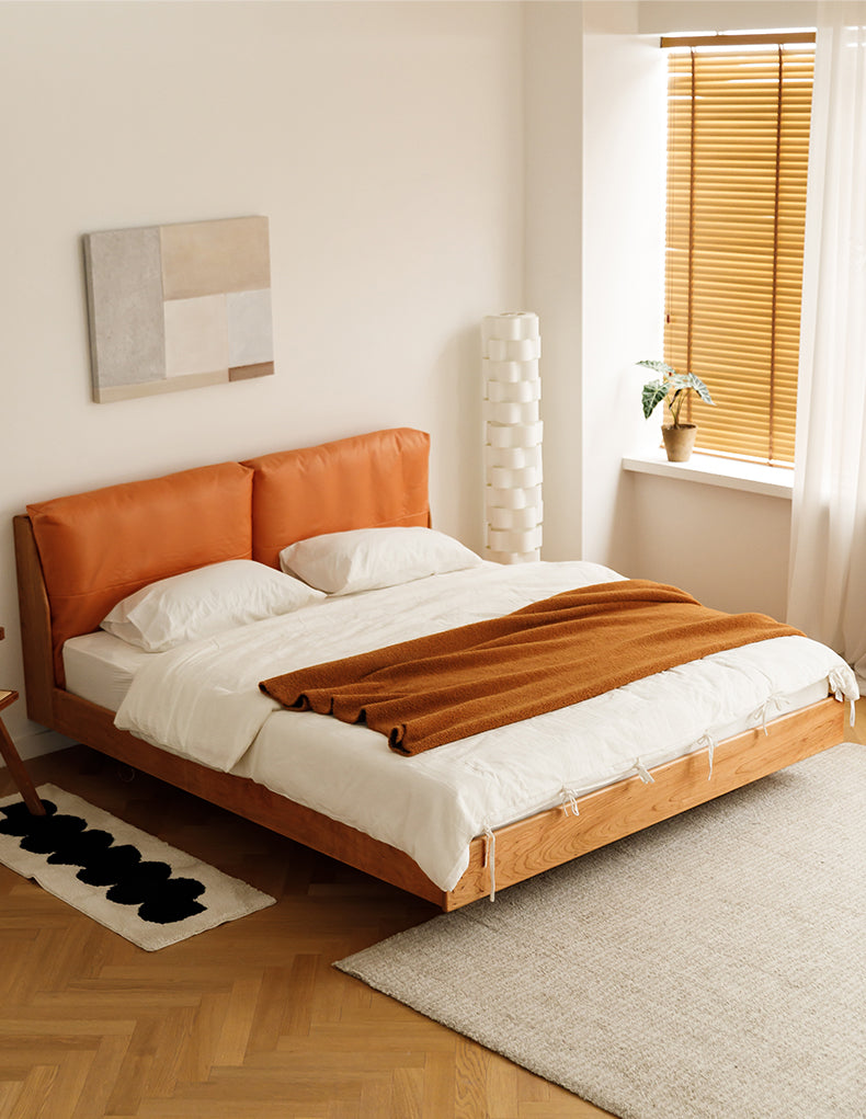 cherry wood real leather bed, cherry wood and cow leather bed - SlabstudioHongKong