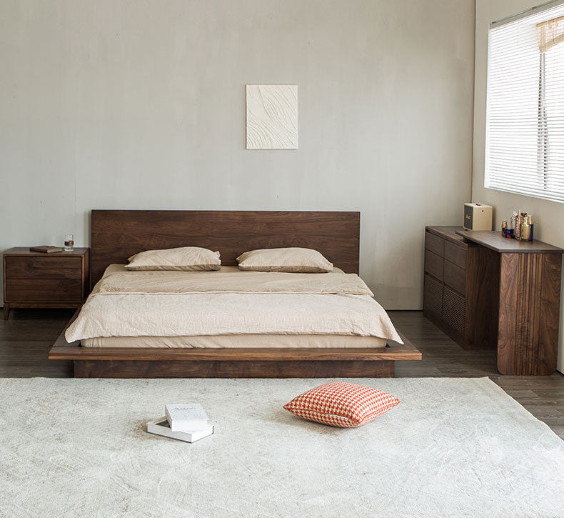 Japandi black walnut wood tatami platform bed , low flat walnut wood bed - SlabstudioHongKong