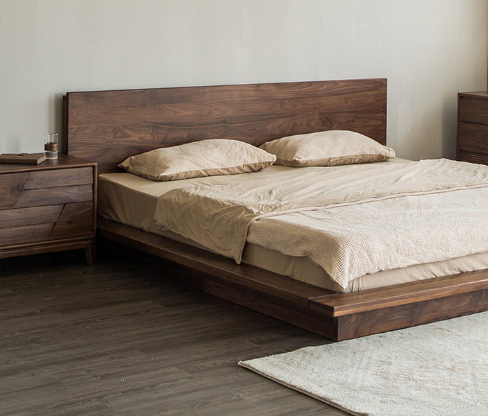 Japandi black walnut wood tatami platform bed , low flat walnut wood bed - SlabstudioHongKong