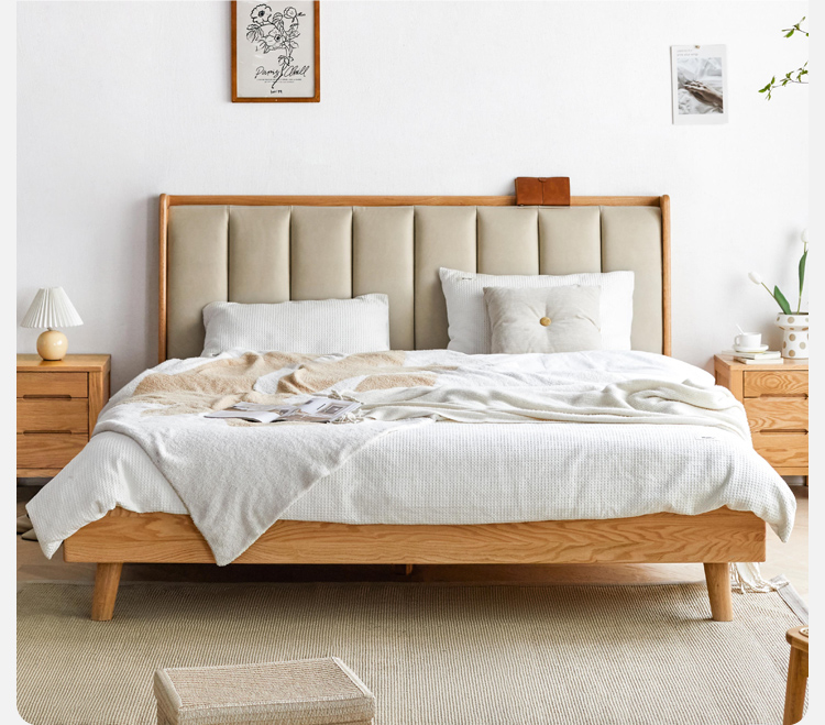 oak wood real leather bed frame, oak wood and leather bed - SlabstudioHongKong