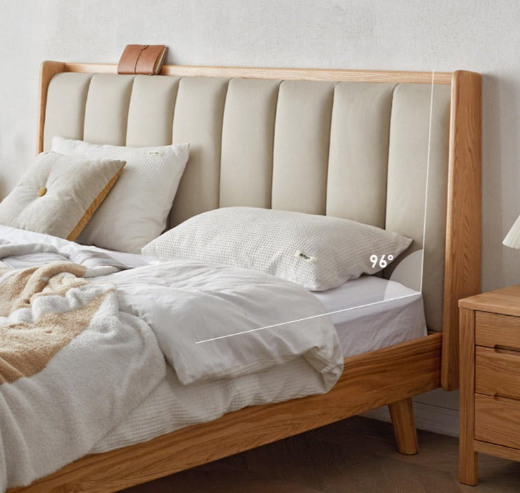 oak wood real leather bed frame, oak wood and leather bed - SlabstudioHongKong